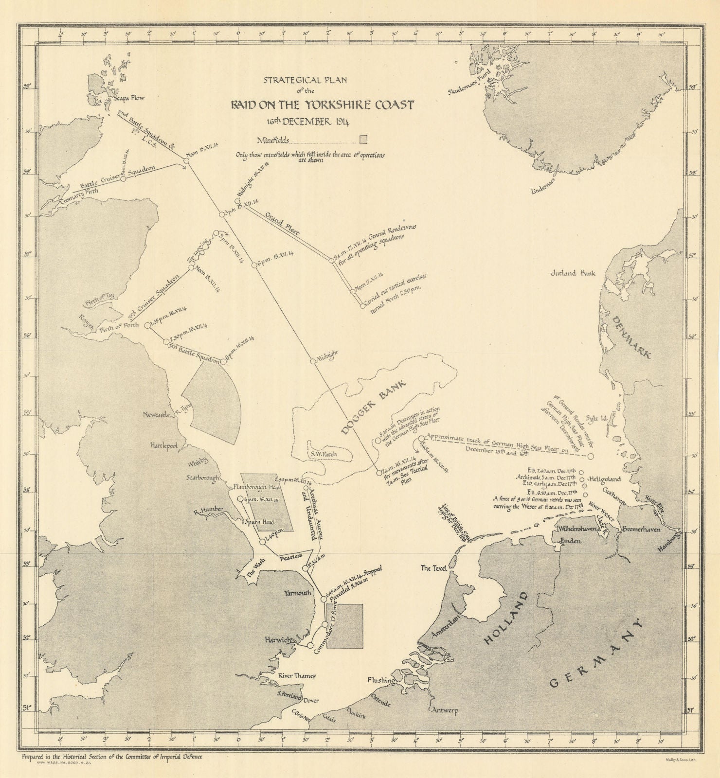 Raid on the Yorkshire Coast, 16th December 1914. First World War. 1921 old map